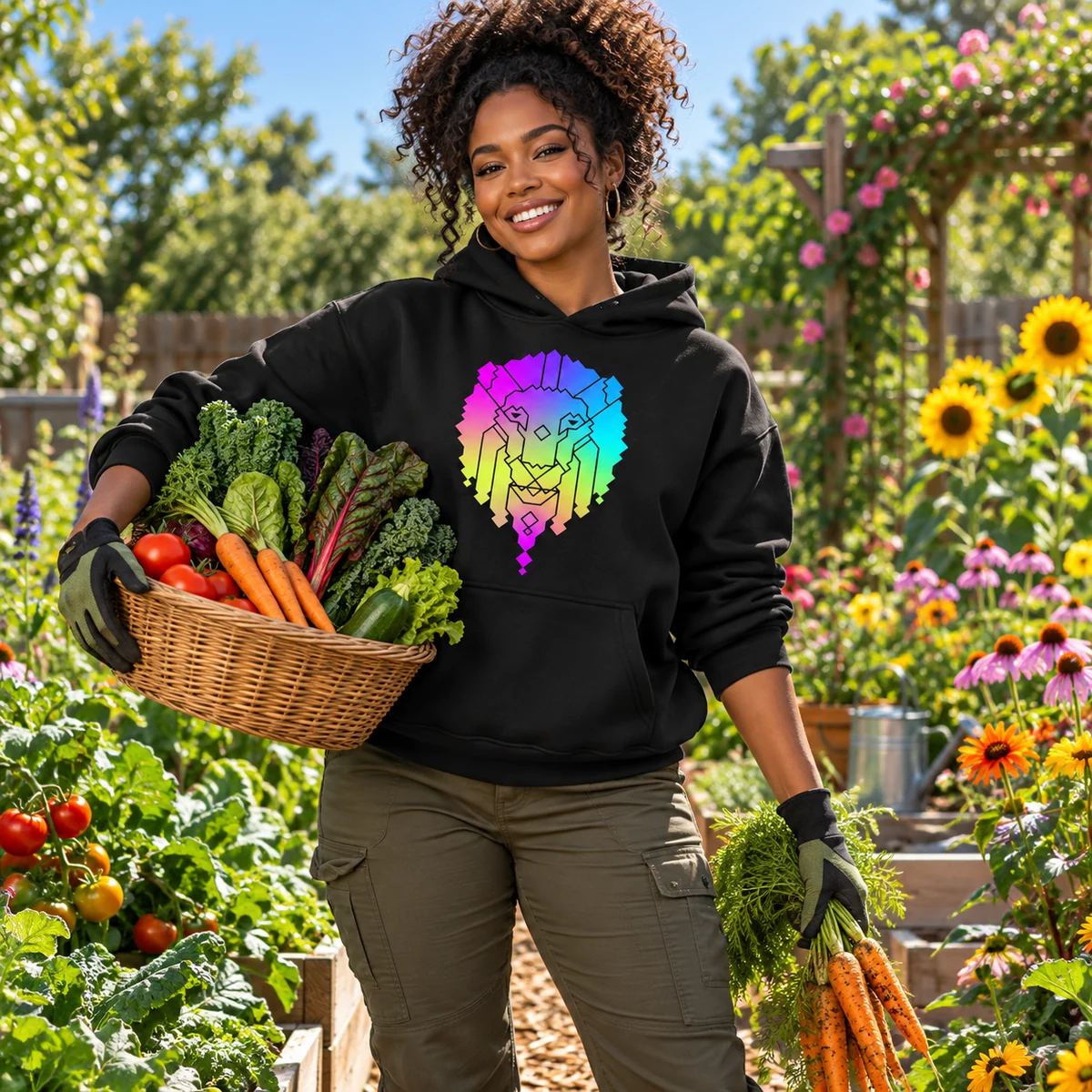 A woman in a sunny garden holding a basket of vegetables, wearing the hoodie with the rainbow lion print