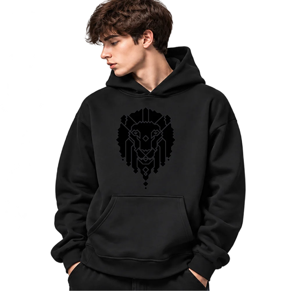 A young man in the black hoodie with the lion print in stealth black