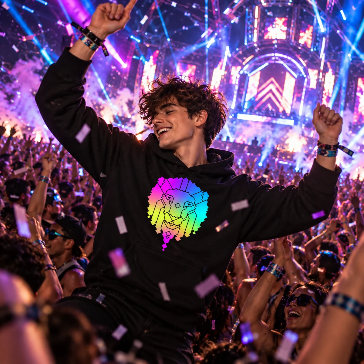 A young man dancing in a concert crowd in the black hoodie, the lion print glowing in rainbow colors