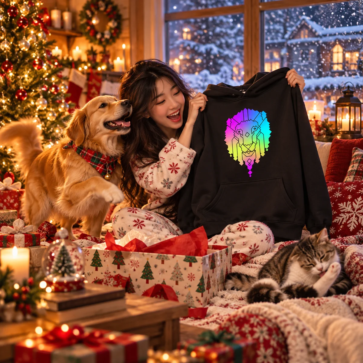 A woman at Christmas with a dog and a cat, holding up the hoodie with the rainbow lion print