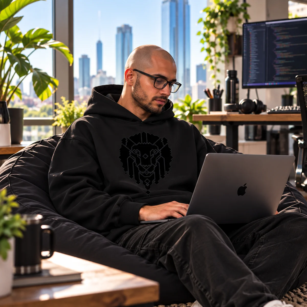 A man working on a laptop on a bean bag in the black hoodie, the lion print in stealth black