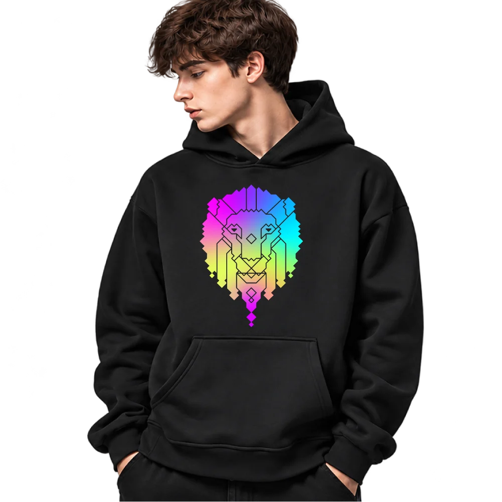 The same young man in the hoodie with the lion print in rainbow colors