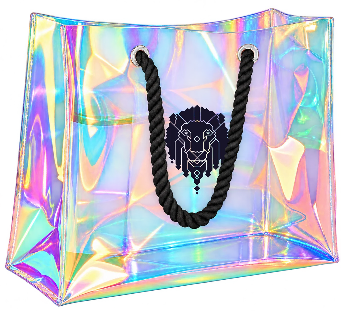 Iridescent PVC bag with black rope handles and the ANML KNDM lion on the front
